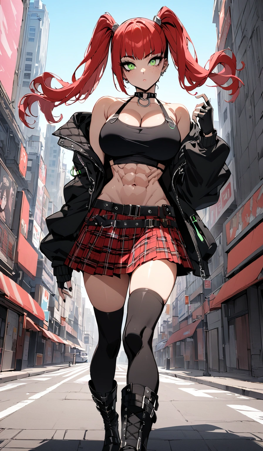 woman, curly red hair in pig tails, green eyes, black eyeshadow, wearing crop top black shirt, long black jacket, red plaid skirt, (black knee high boots), black fingerless gloves, exposed shoulders, large breasts, freckles, abs, cleavage, looking at viewer, masterpiece, best quality, Holo-Punk Style, in the city