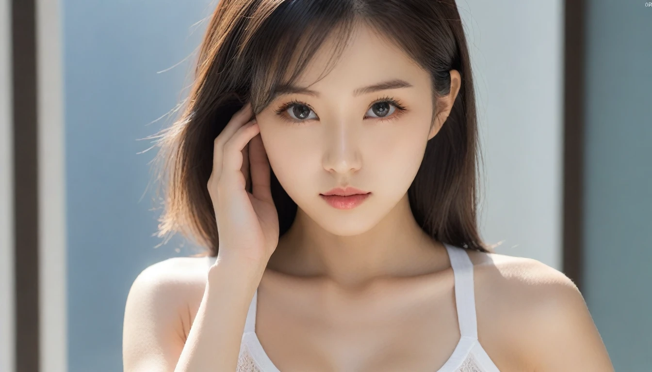 8k, Ultra-high resolution, Highest quality, masterpiece, 三分割法によるphotograph,Surreal, photograph, 1 Girl, (:1.3), pretty girl, Cute Face, Beautiful eyes in every detail, 細かくdetailedに,masterpiece,One Girl:1.2, Japan Female Announcer,extream close up,glaring,Black Hair,Messy hair,Hair over one eye,Station platform,風景photograph,Clean and modest clothing,Natural Makeup,Realistic Skin, Perfect and beautiful face ,完璧でCute Face, Skin with attention to detail, Perfect limbs、Narrow waist、Thin legs),Looking at the audience、beauty,Long neck、(((Ideal body type))),A cup small breasts :2,Portraiture:2,Perfect Anatomy,鮮明なdetailed,detailed,Surreal,Light and shadow,dappled sunlight