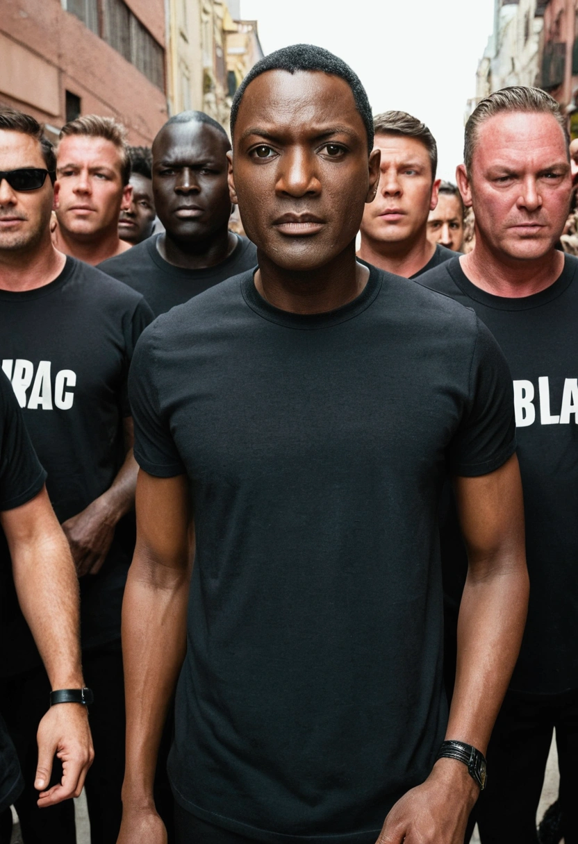 Thin dark-skinned man surrounded by men in black T-shirts 
