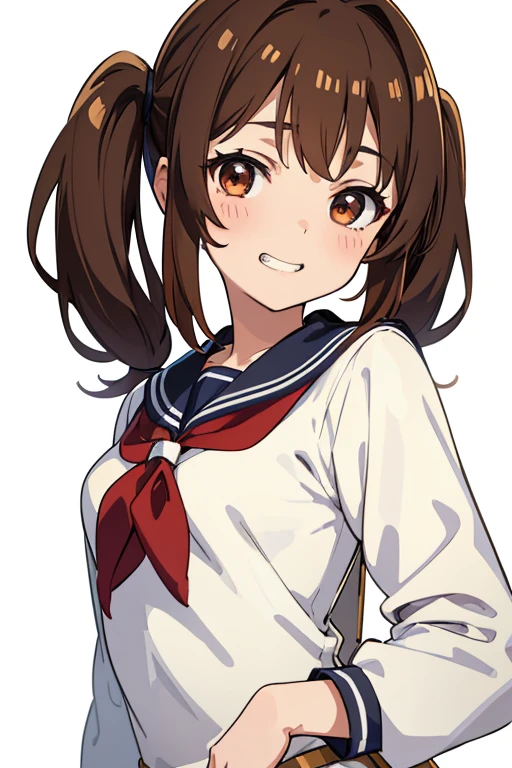 one woman, standing, cowboy shot, hand on chest,deep brown hair, low twin tails, deep brown eyes, white skin, 15 years old, young female,Grin, high school girl, , sailor suit, slim, looking at viewer, white background
