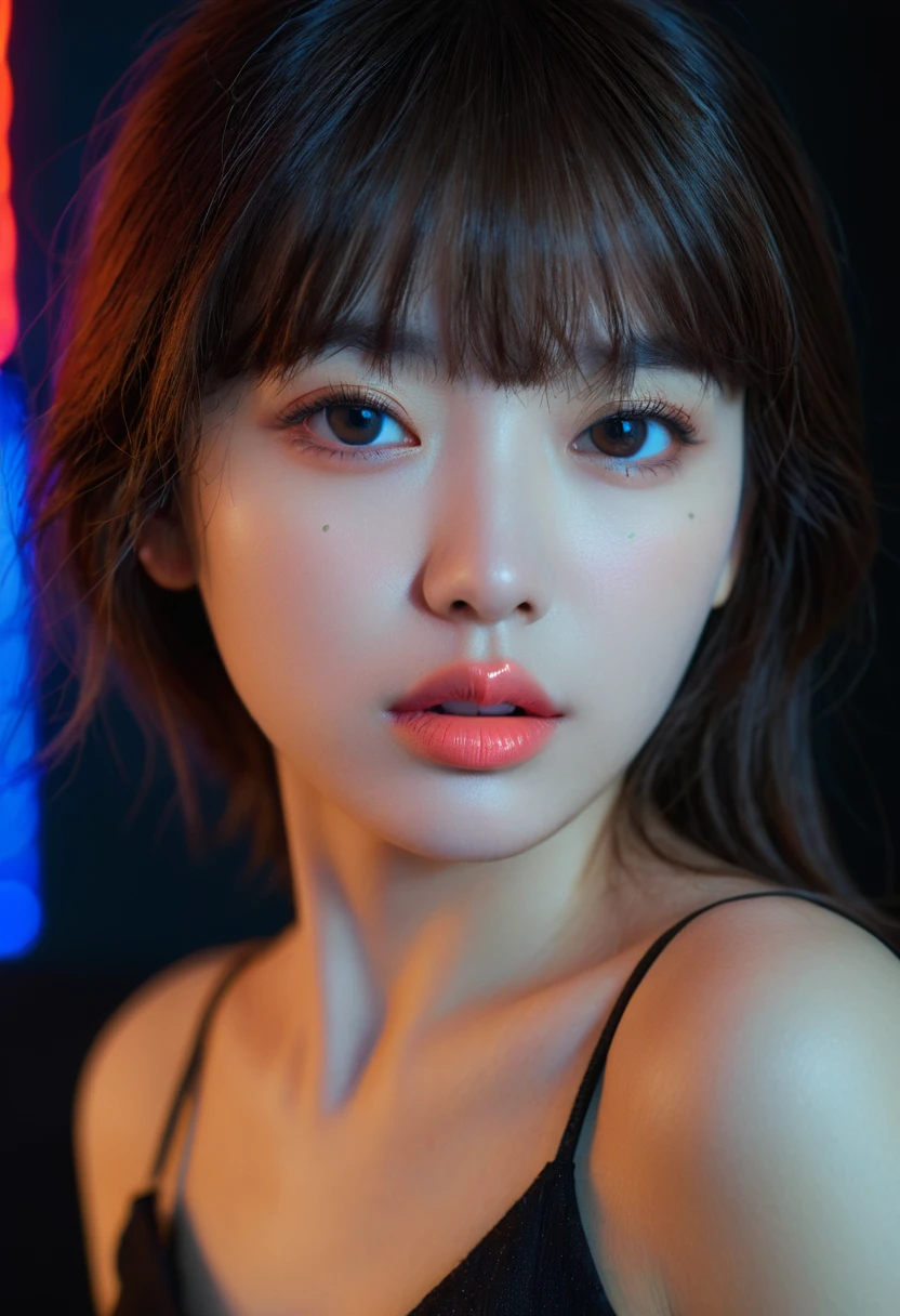 8k, best quality, 1 Girl, (Skin Indentation), night, (dark), Indoor clear background, (people), Beautiful bangs, Gorgeous,, (Clothing and:1.3),Soft lighting, attractive, dark Room, (mouth close:1.2, beautiful eyes, Delicate eyes, Detailed iris, Beautiful lips, Beautiful nose, Pretty Face),(primary color:1.5)，(Ambient Light:1.5)，(Neon light:1.8)