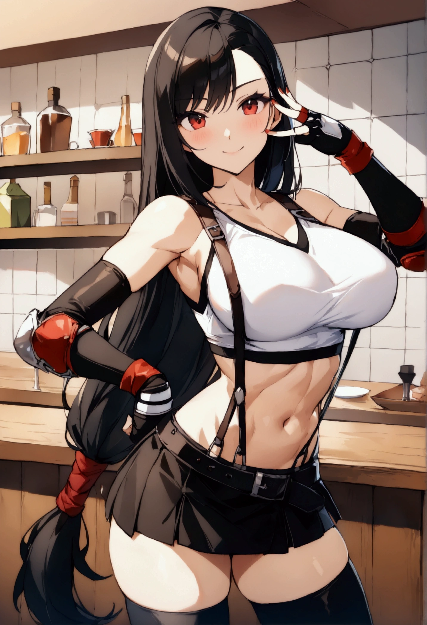 (score_9, score_8_up, score_7_up),  ((best quality, masterpiece)) , perfect anatomy,(aesthetic,very aesthetic),.official style,(intricate).(hyper-detailed),((ultra-high resolution)), 1girl, tifa lockhart, final fantasy,(beautiful woman). black hair, low-tied long hair, red eyes, bangs, white tank top,gap, belt, pleated skirt, thighhighs, elbow fingerless gloves, elbow pads, midriff, navel,suspender skirt.zettai ryouiki ,,(large_breasts:1.3),Solo,upperbody,looking_at_viewer,contrapposto pose,  vibrant, joyful,cafe and bar, ,Framin,specular reflection,close-up of toned abdomen , ,