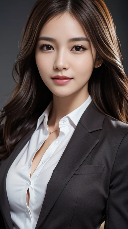 Tabletop, Highest quality, Realistic, Very detailed, finely, High resolution, 8k wallpaper, One beautiful woman,, Light brown messy hair, Wear a business suit, Sharp focus, Perfect dynamic composition, Beautiful and detailed, Thin Hair, Detailed Realistic skin texture, smile, Close-up portrait, Model body type