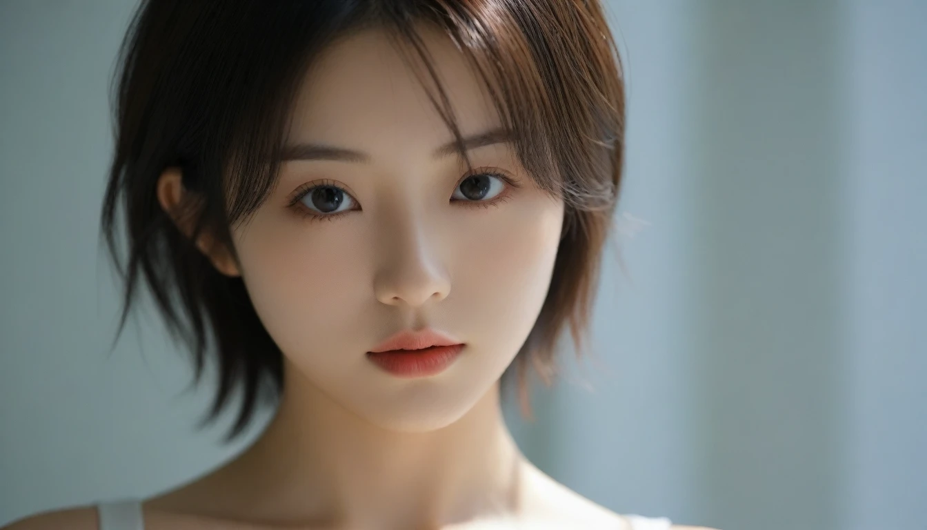8k, Ultra-high resolution, Highest quality, masterpiece, 三分割法によるphotograph,Surreal, photograph, 1 Girl, (16 years old:1.3), pretty girl, Cute Face, Beautiful eyes in every detail, 細かくdetailedに,masterpiece,One Girl:1.2, Japan Female Announcer,extream close up,glaring,Black Hair,Messy hair,Hair over one eye,Station platform,風景photograph,Clean and modest clothing,Natural Makeup,Realistic Skin, Perfect and beautiful face ,完璧でCute Face, Skin with attention to detail, Perfect limbs、Narrow waist、Thin legs),Looking at the audience、beauty,Long neck、(((Ideal body type))),A cup small breasts :2,Portraiture:2,Perfect Anatomy,鮮明なdetailed,detailed,Surreal,Light and shadow,dappled sunlight