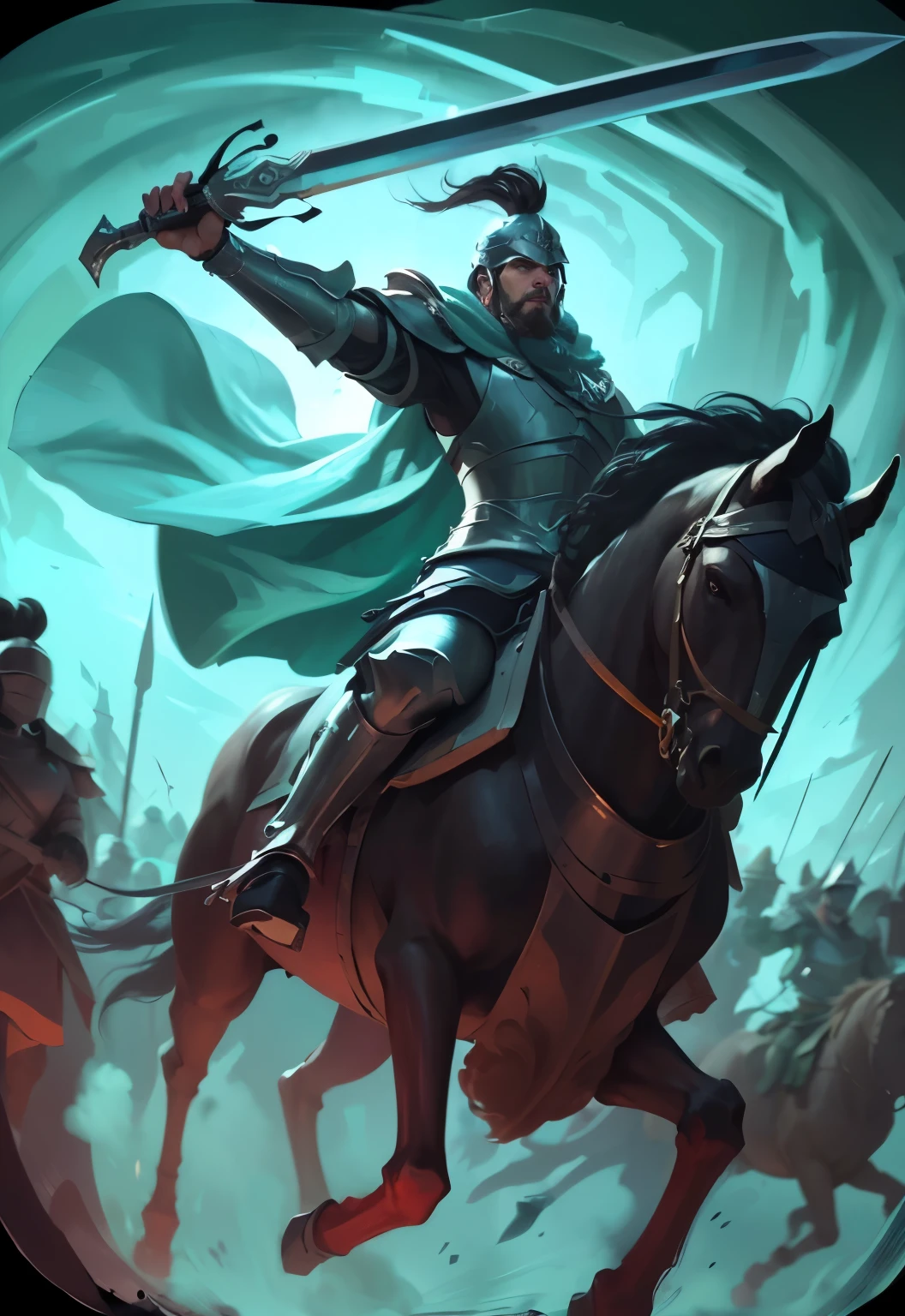 This description translates into English as："This is an art illustration depicting an ancient warrior riding on a horse. The warrior is wielding a massive sword, appearing as if ready to engage in battle. He is clad in armor, wearing a helmet, and has a flowing cape billowing in the wind. His facial expression is resolute and serious, showing determination and bravery."