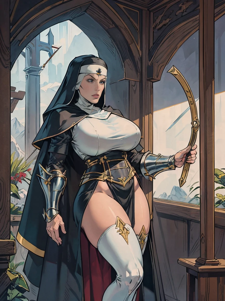 (masterpiece, top quality, best quality, official art, beautiful and aesthetic:1.2), (1girl:1.3), ((Sharp facial features, sharp features, hawkish features)), ((grey eyes)), busty paladin knight girl, extremely detailed, portrait, looking at viewer, solo, (full body:0.6), detailed background, full-body shot, (cold mountain nighttime glacier theme:1.1), holy knight, (nun), charlatan, smirk, mysterious, swaying in mountains, armor, polished metal, gold trim, long boots, white fabric, pelvic curtain, robe, pale leather, ((((nun, crossbow, heavy armor, armored, long legs, robes, prayer scrolls, toned, muscular)))), slim waist, slim hips, long legs, medieval (mountain exterior:1.1) background, dark mysterious lighting, shadows, magical atmosphere, dutch angle