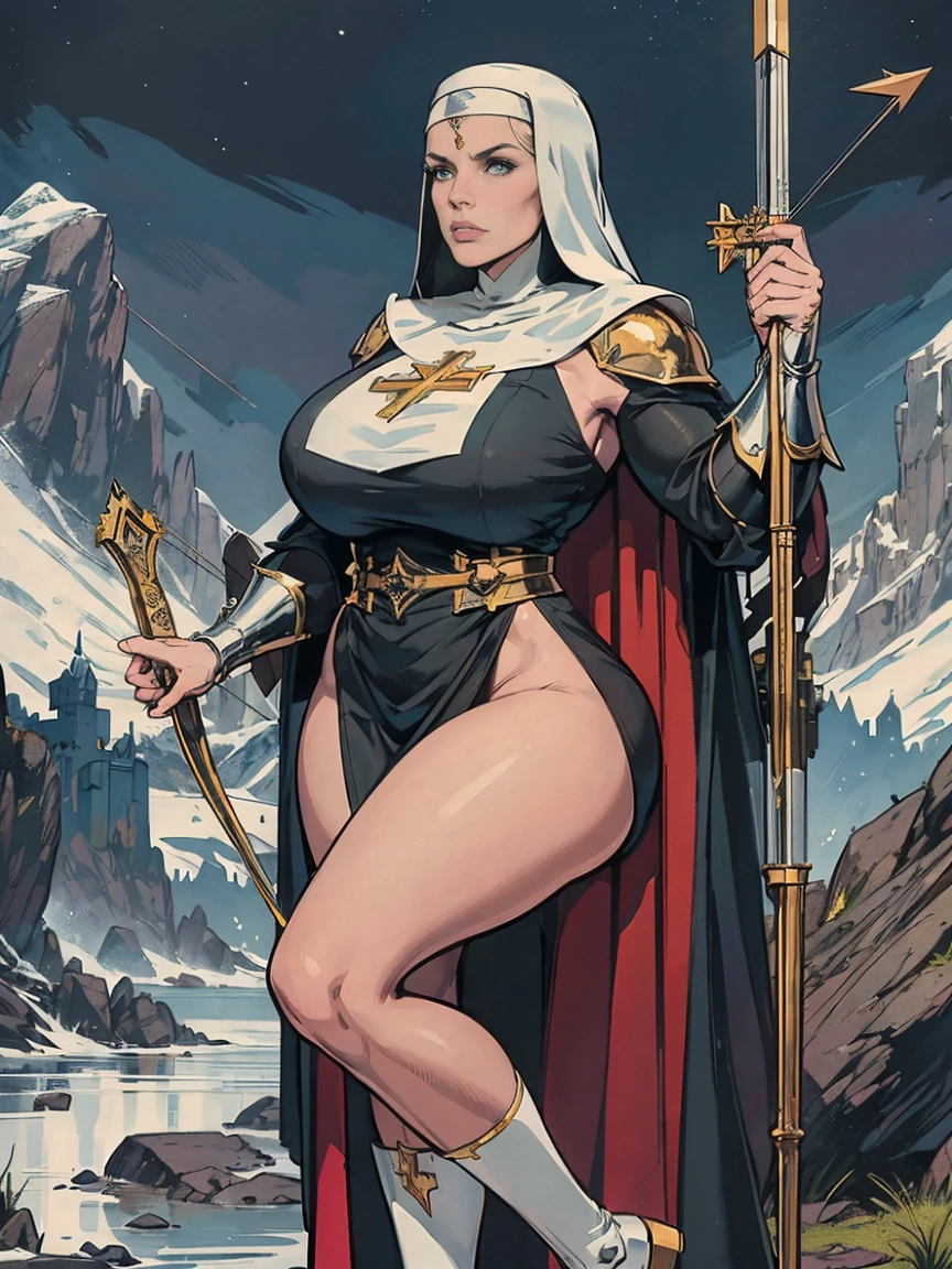 (masterpiece, top quality, best quality, official art, beautiful and aesthetic:1.2), (1girl:1.3), ((Sharp facial features, sharp features, hawkish features)), ((grey eyes)), busty paladin knight girl, extremely detailed, portrait, looking at viewer, solo, (full body:0.6), detailed background, full-body shot, (cold mountain nighttime glacier theme:1.1), holy knight, (nun), charlatan, smirk, mysterious, swaying in mountains, armor, polished metal, gold trim, long boots, white fabric, pelvic curtain, robe, pale leather, ((((nun, crossbow, heavy armor, armored, long legs, robes, prayer scrolls, toned, muscular)))), slim waist, slim hips, long legs, medieval (mountain exterior:1.1) background, dark mysterious lighting, shadows, magical atmosphere, dutch angle