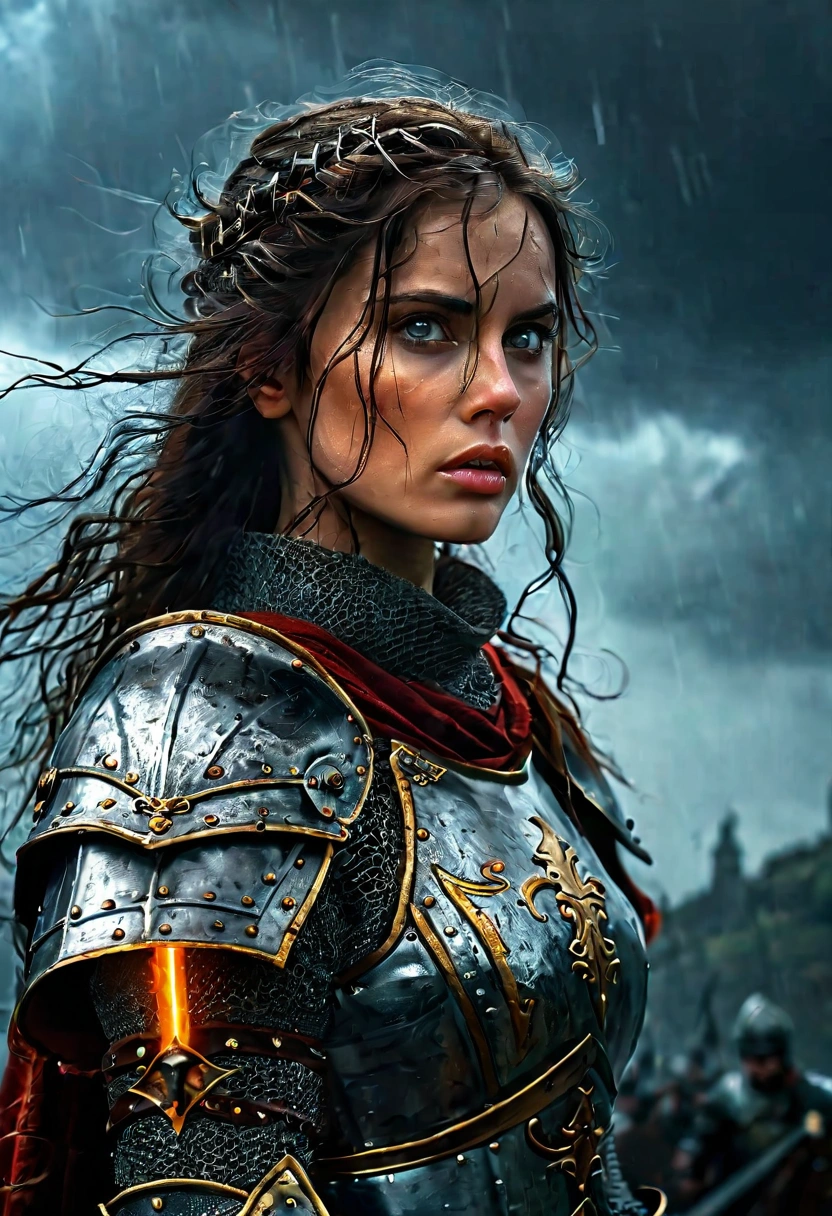 a detailed, epic, dramatic, cinematic, high fantasy fantasy scene, medieval knight, beautiful detailed eyes, beautiful detailed lips, extremely detailed eyes and face, long eyelashes, woman knight, woman warrior, woman in armor, woman soldier, woman fighter, sword in hand, sword raised, on a dark battlefield, dark stormy sky, lightning, dark clouds, rain, mist, fog, moody lighting, dramatic shadows, high contrast, glowing sword, intense colors, vibrant colors, cinematic composition, ultra-detailed, (best quality,4k,8k,highres,masterpiece:1.2),ultra-detailed,(realistic,photorealistic,photo-realistic:1.37), digital painting, fantasy art, concept art, dark fantasy, epic fantasy, dramatic fantasy