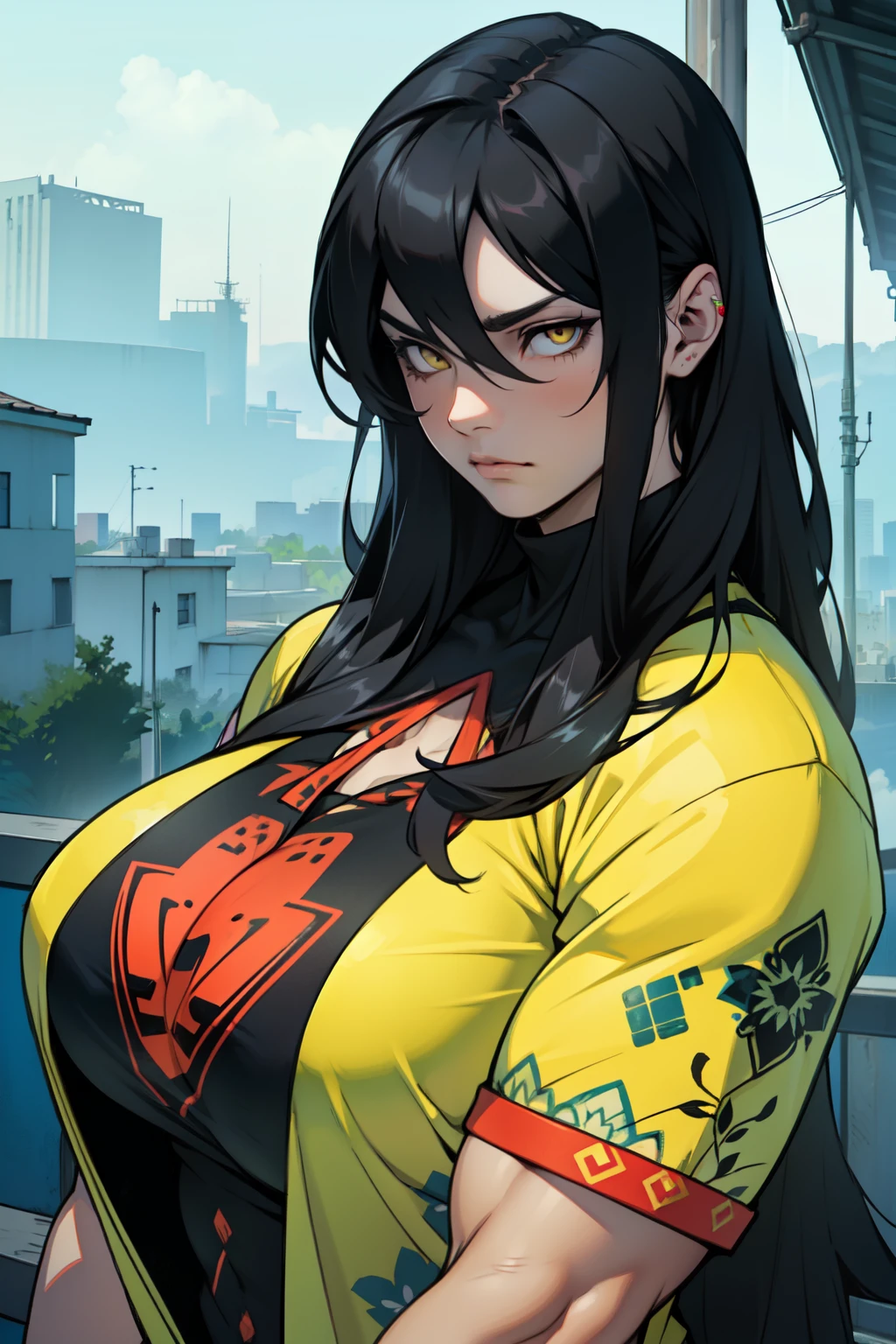 giant muscles huge breasts massive hair pale skin black hair yellow eyes long straight hair sad sad girl sad patterned patterned patterned patterned