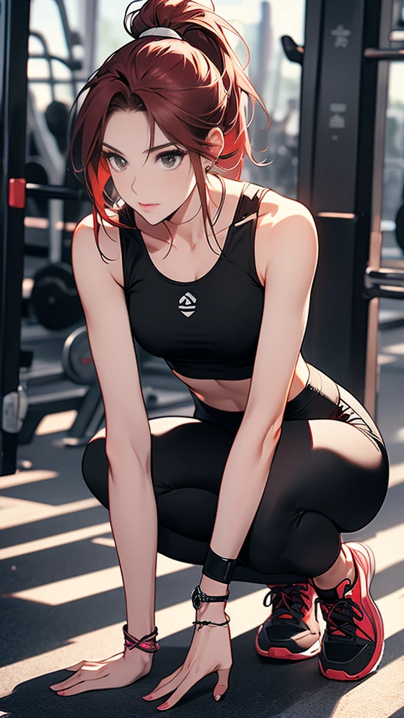 (best quality,4K,8 TAUSEND,High Resolution,Meisterwerk:1.2), ultradetailliert, 1girl, Rote Haare, braune Augen, detailed facial features, beautiful detailed eyes, beautiful detailed lips, lange Wimpern, Tragen Sie stilvolle Sportkleidung, Hintergrund im Fitnessstudio, Blick auf den Betrachter, leuchtende Farben, natural light, wird gekitzelt