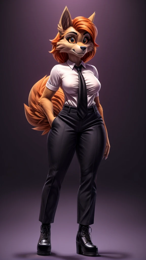 Skye from Paw Patrol, as a female werewolf, anthro, mature adult, tall, medium breasts, medium thicc thighs, fluffy flowy long orange hair, magenta iris, white shirt with black tie, black pants, black shoes, standing, solo, beautiful, high quality, clear background, 4K