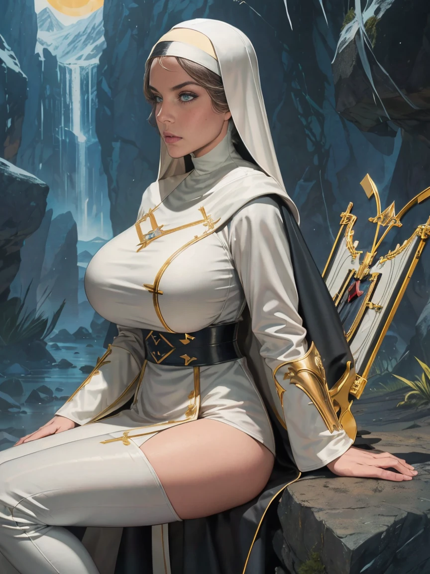 (masterpiece, top quality, best quality, official art, beautiful and aesthetic:1.2), (1girl:1.3), ((Sharp facial features, sharp features, hawkish features)), ((grey eyes)), busty paladin knight girl, extremely detailed, portrait, looking at viewer, solo, (full body:0.6), detailed background, full-body shot, (cold mountain nighttime glacier theme:1.1), holy knight, (nun), charlatan, smirk, mysterious, swaying in mountains, armor, polished metal, gold trim, long boots, white fabric, pelvic curtain, robe, pale leather, ((((nun, crossbow, heavy armor, armored, long legs, robes, prayer scrolls, toned, muscular)))), slim waist, slim hips, long legs, medieval (mountain exterior:1.1) background, dark mysterious lighting, shadows, magical atmosphere, dutch angle