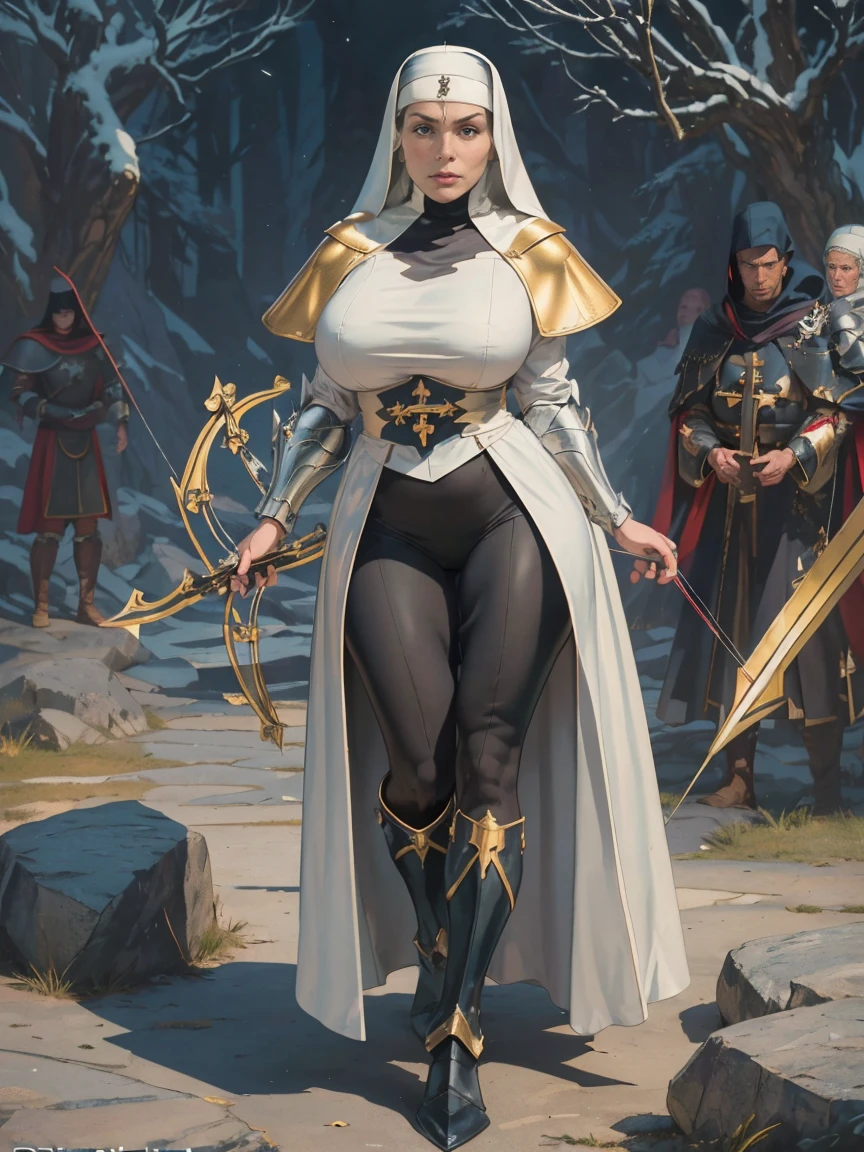 (masterpiece, top quality, best quality, official art, beautiful and aesthetic:1.2), (1girl:1.3), ((Sharp facial features, sharp features, hawkish features)), ((grey eyes)), busty paladin knight girl, extremely detailed, portrait, looking at viewer, solo, (full body:0.6), detailed background, full-body shot, (cold mountain nighttime glacier theme:1.1), holy knight, (nun), charlatan, smirk, mysterious, swaying in mountains, armor, polished metal, gold trim, long boots, white fabric, pelvic curtain, robe, pale leather, ((((nun, crossbow, heavy armor, armored, long legs, robes, prayer scrolls, toned, muscular)))), slim waist, slim hips, long legs, medieval (mountain exterior:1.1) background, dark mysterious lighting, shadows, magical atmosphere, dutch angle