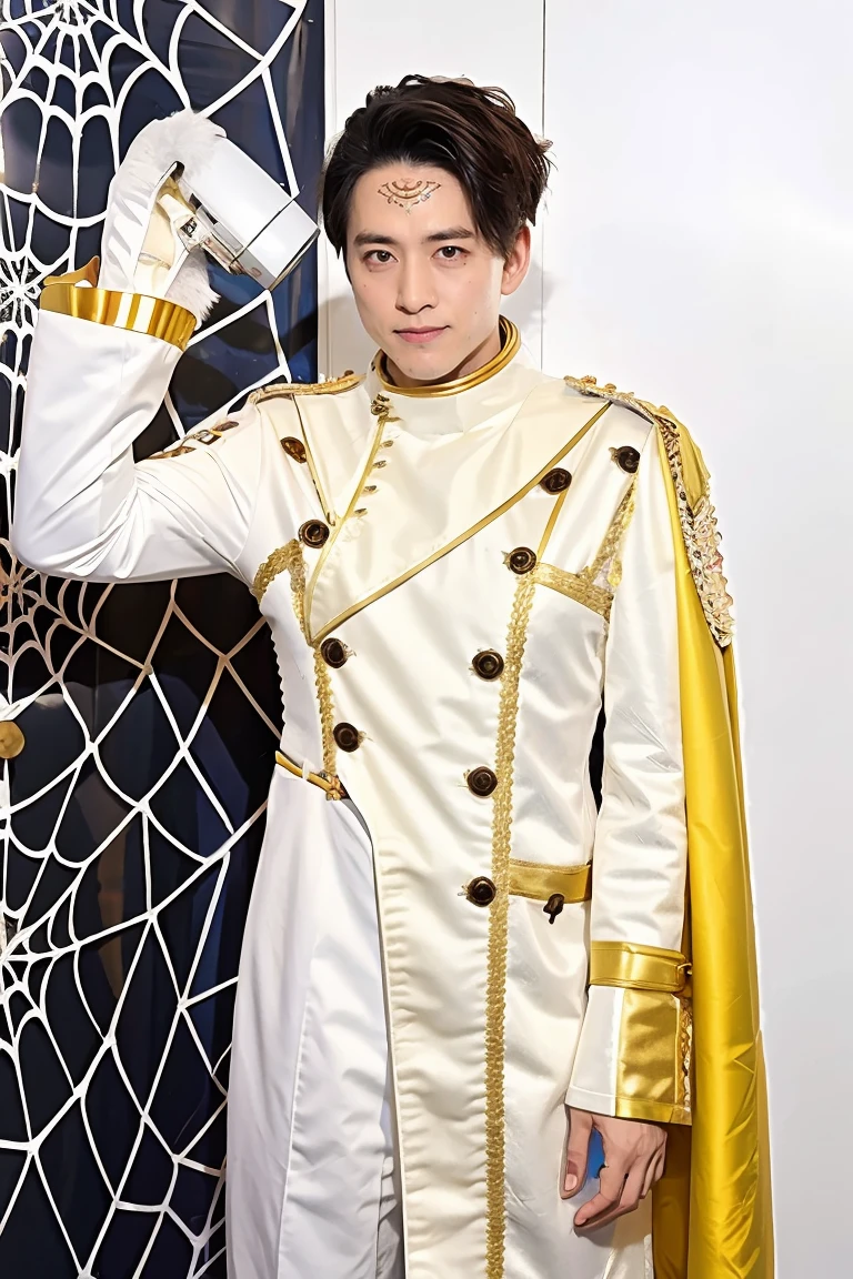 (masterpiece, best quality:1.2), 1boy, solo, face marks, gloves, white suit, white pants, spiderweb in the background,