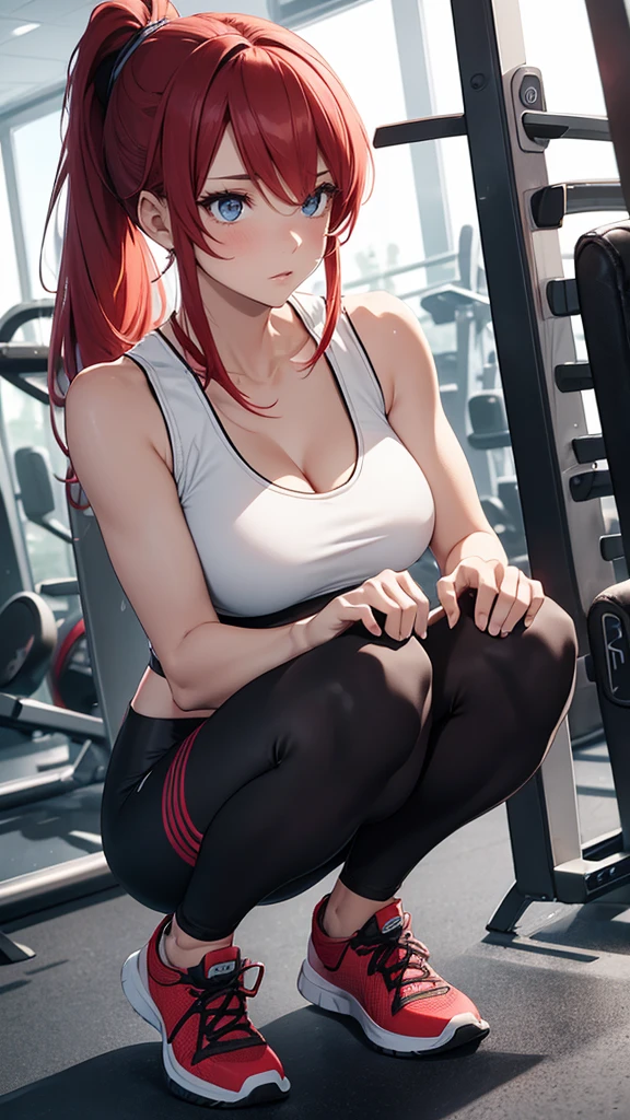 {{masterpiece}}, {{{best quality}}},{{ultra-detailed}}, {{illustration}},{{tall stature}},{{adult women}},((Shorts and leggings)),Small breasts,Slender,Flared Shorts,{{Squatting on the ground}},((Leggings with integrated shorts)),((Black leggings)) Fitness Instructor Red hair ponytail ((White tank top)) Place your hands on your knees Wristband ,1 female,alone, Fitness Gym Cleavage