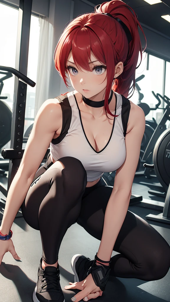 {{masterpiece}}, {{{best quality}}},{{ultra-detailed}}, {{illustration}},{{tall stature}},{{adult women}},((Shorts and leggings)),Small breasts,Slender,Flared Shorts,{{Squatting on the ground}},((Leggings with integrated shorts)),((Black leggings)) Fitness Instructor Red hair ponytail ((White tank top)) Place your hands on your knees Wristband ,1 female,alone, Fitness Gym Cleavage