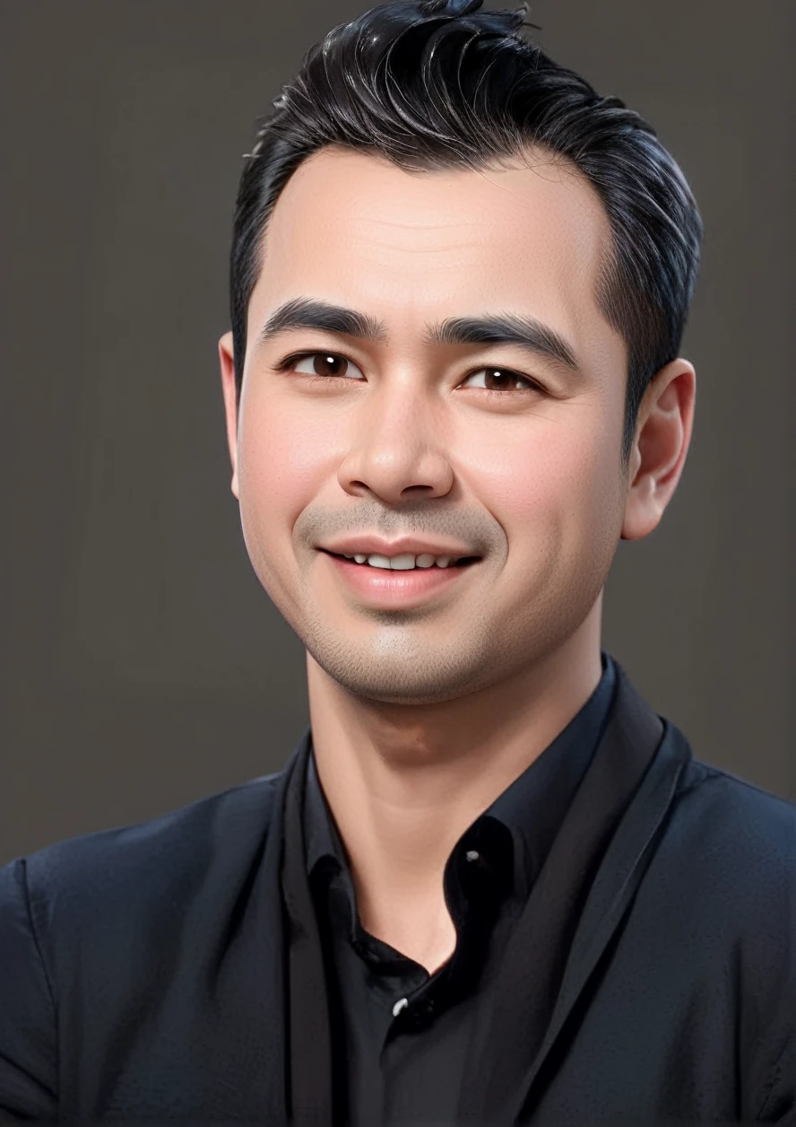 Create a 3D animation of a big-headed cartoon caricature. a 30 year old Indonesian man with short, slightly wavy black hair brushed back, round head facing forward, oval face with a strong jawline, thick straight eyebrows, almond-shaped brown eyes, a straight nose with a slightly rounded tip, symmetrical lips, and a slight friendly smile, wearing a solid blue shirt. Gradient blue background with professional lighting. masterpiece, top quality, highly detailed skin and face, ultra-realistic, high definition, studio lighting, sharp focus, full body view, Concept Art, 3D rendering.