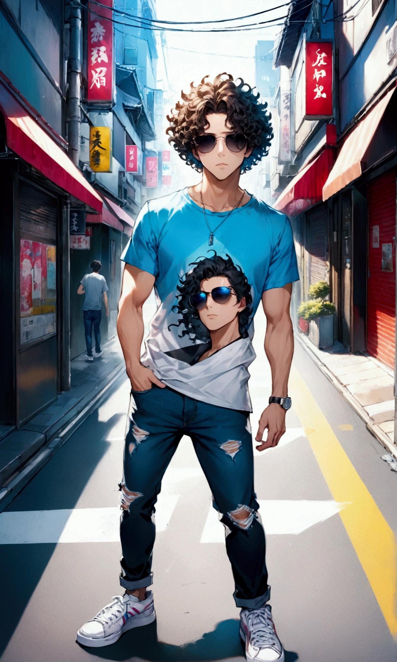 8K, masterpiece, ultra-high definition, full-body image, high contrast, diagonal angle from above, handsome man with curly perm hair, misaligned sunglasses, wearing a T-shirt, ripped jeans and sneakers, flashy effects, background is a street corner in Tokyo, in the style of colorful Chinese ink painting