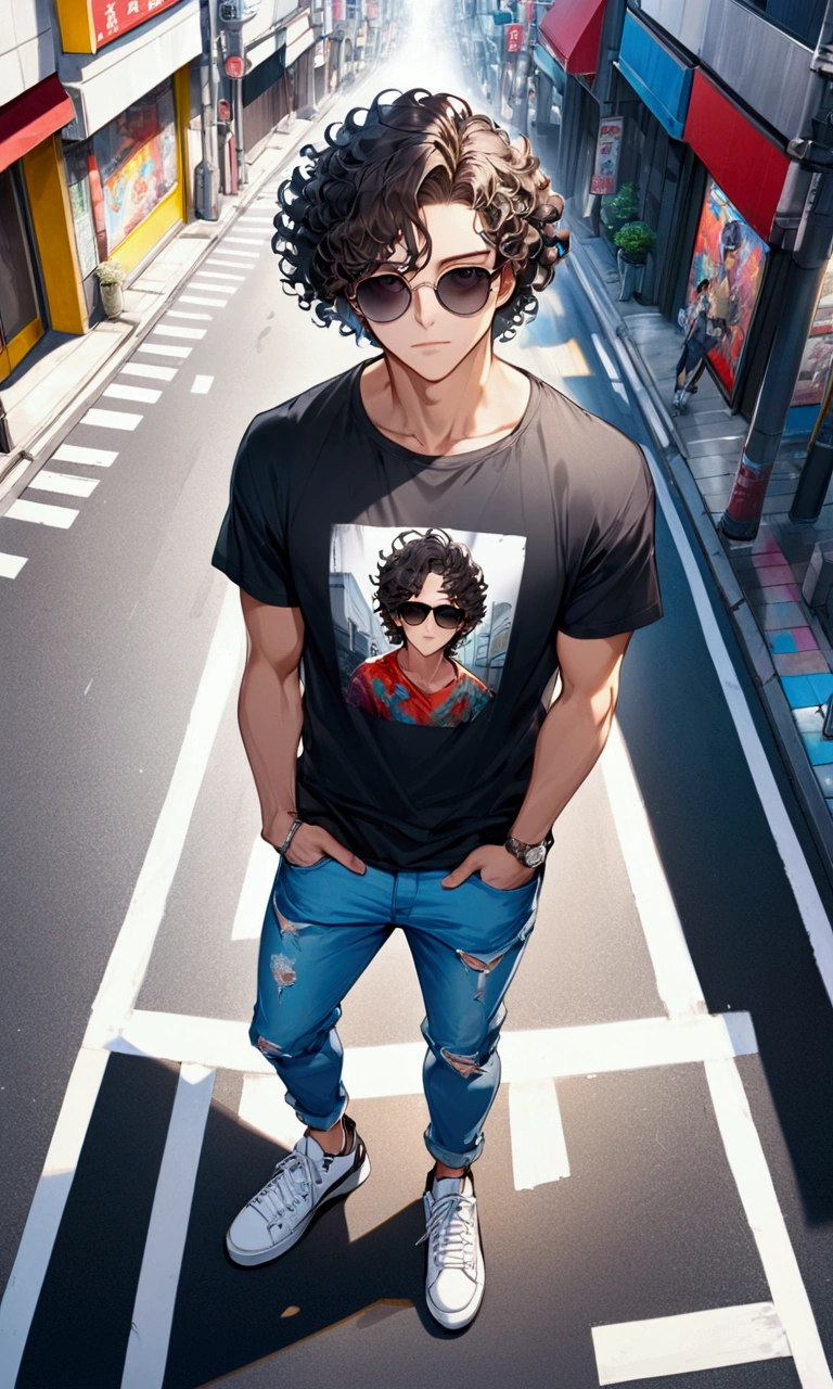 8K, masterpiece, ultra-high definition, full-body image, high contrast, diagonal angle from above, handsome man with curly perm hair, misaligned sunglasses, wearing a T-shirt, ripped jeans and sneakers, flashy effects, background is a street corner in Tokyo, in the style of colorful Chinese ink painting