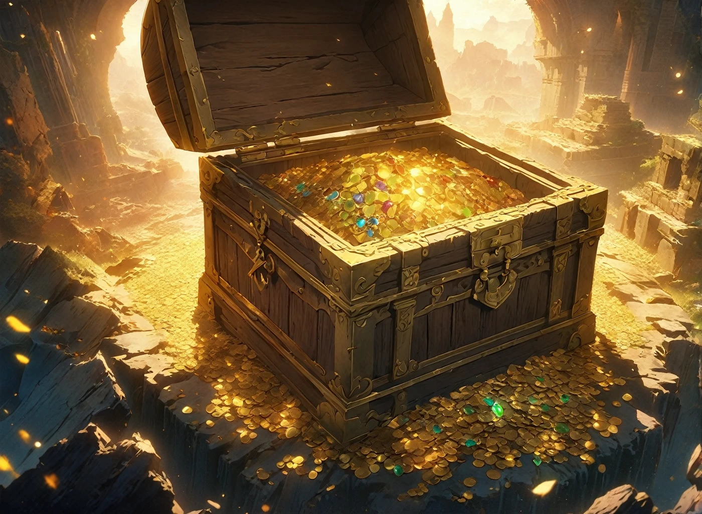 adventurers opening an old treasure chest full of gold and jewels in some dark ruins, (masterpiece), best quality, highres, 4k, 8k, intricate detail, cinematic lighting, amazing quality, amazing shading, soft lighting, Detailed Illustration, official artwork, anime style, wallpaper, official art