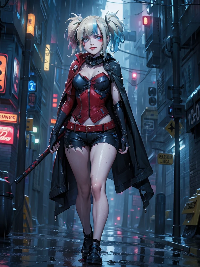 Harley Quinn, dressed in the complete Batman suit, stands confidently on the rain-soaked streets of Gotham City at night. The dark, wet pavement glistens under the intense downpour, highlighting the intricate details of her Batsuit. Her expression is stern, masked gaze fixed forward. A long, black cape billows behind her, flapping in the wind as she stands firm against the torrential rain. Neon lights from nearby signs and buildings cast an eerie glow, illuminating the dark atmosphere. The rain-soaked streets stretch out before her, leading into the distance with a sense of depth and perspective. Harley's drenched appearance adds to the gritty, dystopian ambiance.