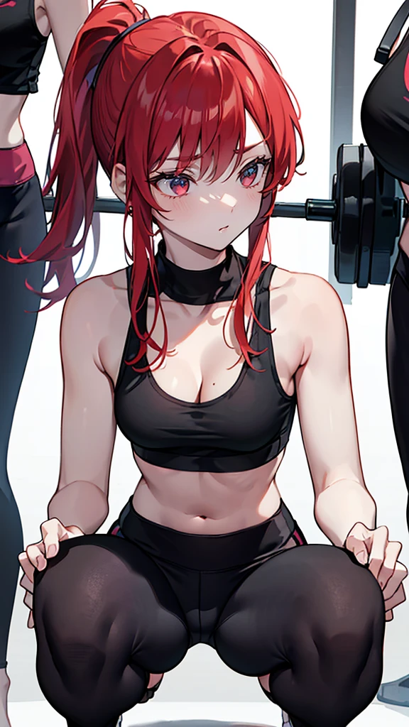 {{masterpiece}}, {{{best quality}}},{{ultra-detailed}}, {{illustration}},{{tall stature}},{{adult women}},((Shorts and leggings)),Small breasts,Slender,Flared Shorts,{{Squatting on the ground}},((Leggings with integrated shorts)),((Black leggings)) Fitness Instructor Red hair ponytail ((White tank top)) Place your hands on your knees Wristband ,1 female,alone, Fitness Gym Cleavage