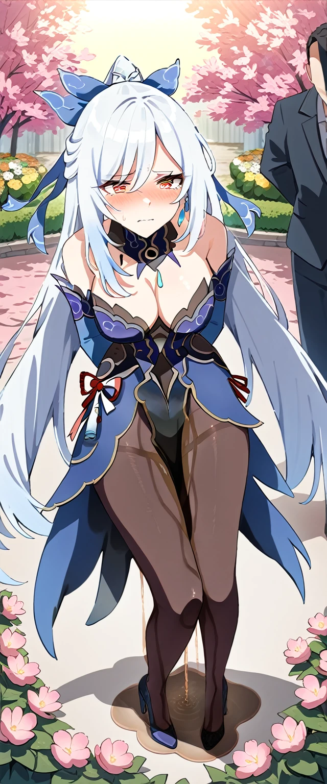 (masterpiece:1.37), best quality, (extremely detailed:1.37), (1girl:1.5), woman, (mature:1.5), (adult:1.5), jingliu, white hair, long hair, ponytail, hair ribbon, red eyes, earrings, jewelry, dress, pantyhose, (pelvic curtain:1.5), (extremely detailed eyes:1.37), (wetting self:2.0), desperation, (standing:1.5), embarrassed, humiliation, blushing, angry, cherry blossoms, garden, (golden hour:1.5), full body, (crossing legs:1.5), from above