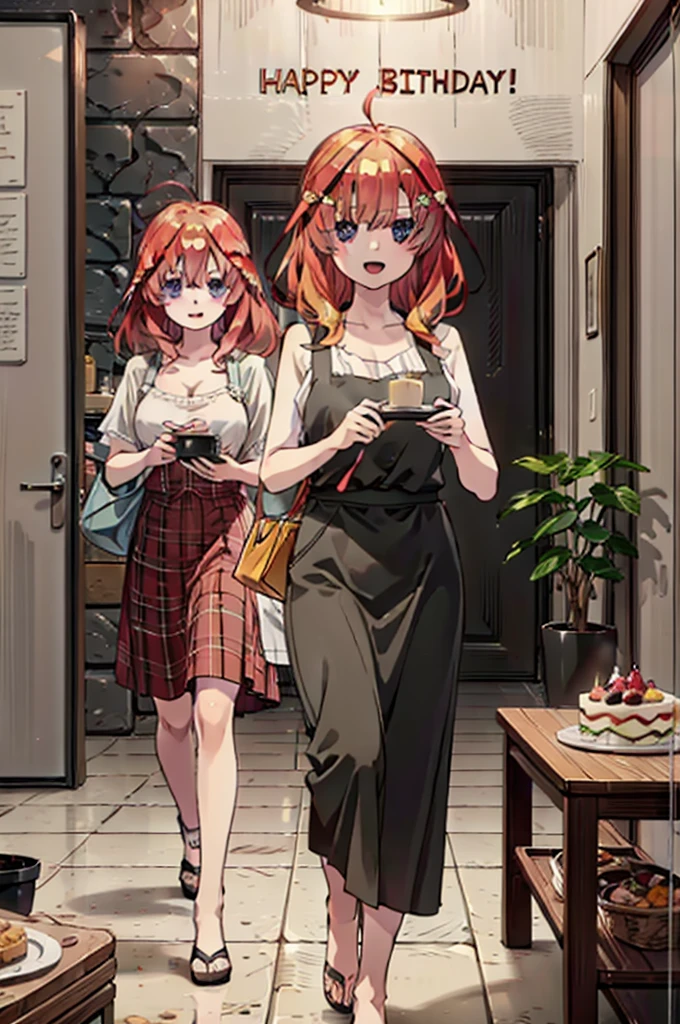 itsukinakano, Itsuki Nakano, bangs, blue eyes, Hair between the eyes, Ahoge, Redhead, star \(symbol\), hair ornaments,happy smile, smile, Open your mouth,cracker, star hair ornaments,Red Tank Top,Long skirt,Black pantyhose,apron,Walking,There is food and a birthday cake on the table,whole bodyがイラストに入るように,
break indoors, room,
break looking at viewer,whole body,
break (masterpiece:1.2), Highest quality, High resolution, unity 8k wallpaper, (figure:0.8), (Beautiful attention to detail:1.6), Highly detailed face, Perfect lighting, Highly detailed CG, (Perfect hands, Perfect Anatomy),