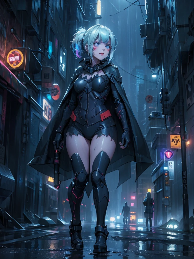 A girl in a Batsuit, standing confidently on a rain-soaked street in Gotham City at night, her stern expression and billowing cape creating a gritty, dystopian atmosphere, neon lights casting an eerie glow, highly detailed, 8k, hyper realistic, cinematic lighting, dramatic angles, moody colors, masterpiece