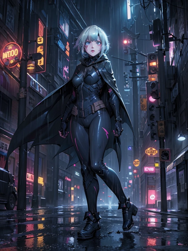 A girl in a Batsuit, standing confidently on a rain-soaked street in Gotham City at night, her stern expression and billowing cape creating a gritty, dystopian atmosphere, neon lights casting an eerie glow, highly detailed, 8k, hyper realistic, cinematic lighting, dramatic angles, moody colors, masterpiece
