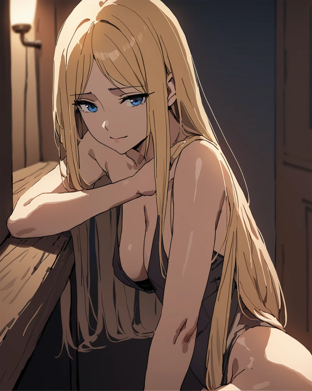 masterpiece,Highest quality,1girl,alone,blonde hair,long hair,straight hair,blue eyes,prostitute,brothel,sad smile,