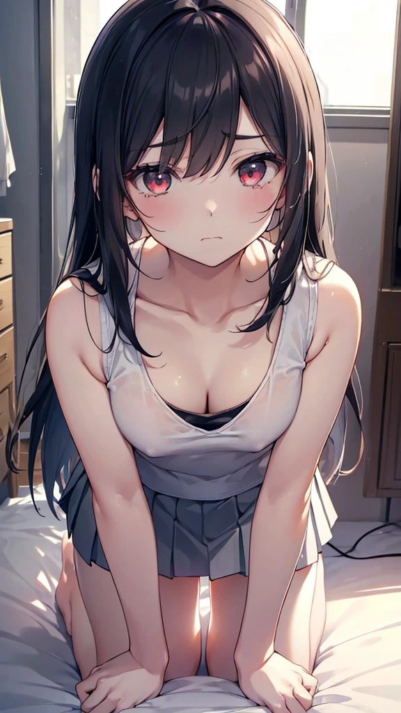 ((White tank top、Grey mini skirt、Pleated skirt))、1. Morning，(Forward lighting:1.9) .、(A dignified face、boyish、Cool face、A calm face、On all fours、Looking up、From above、Cleavage)、
②：Highest quality, Anime Moe Art Style,最高のアニメ8kこなちゃんの壁紙,pixiv Contest Winner,Perfect Anatomy, Very detailed,High resolution,Very detailed肌, Professional Lighting,8k ，
③：(One Girl:1.5), Thin eyebrows、Small eyebrows、，Cleavage、(alone,:1.8),high school student, (Long straight hair:1.3), (Straight hair:1.6)，(Normal chest)，，Complete limbs,Full Finger, Red eyes, Black hair、hairpin, Beautiful attention to detail, White skin，Close one eye，Glare、tears、Angry，(sad:1.3)
④：From above、From above撮影する，Looking up at the viewer、Looking up，
 ⑥：bed
⑦：(indoor),(pretty girl&#39;S Room:1.4),(bed:1.5)