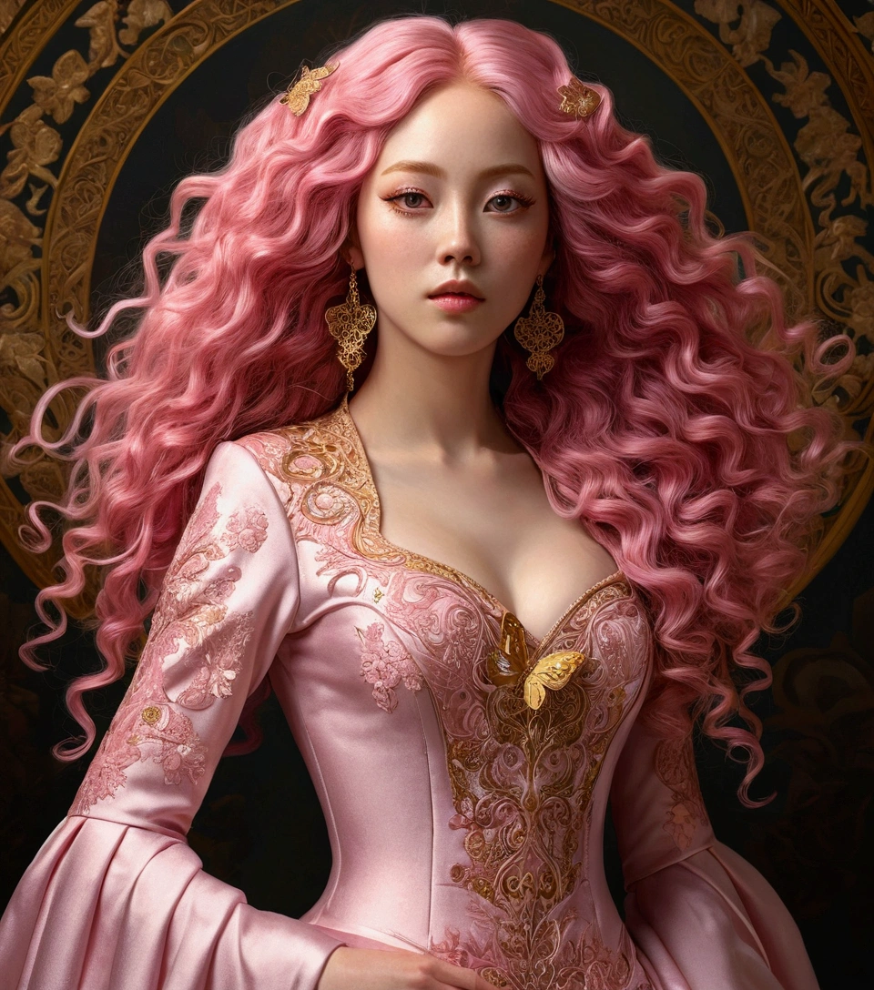 Beautiful western woman with long curly pink hair in a dress,From head to toe,whole body, 8K Portrait, Complex, elegant, Very detailed, Majestic, Digital photography, ArtJam、Luan Jia、Surreal paintings by Greg Rutkowski、Golden butterfly filigree, (masterpiece, Side light, Beautiful, detailed eyes: 1.2), High resolution,