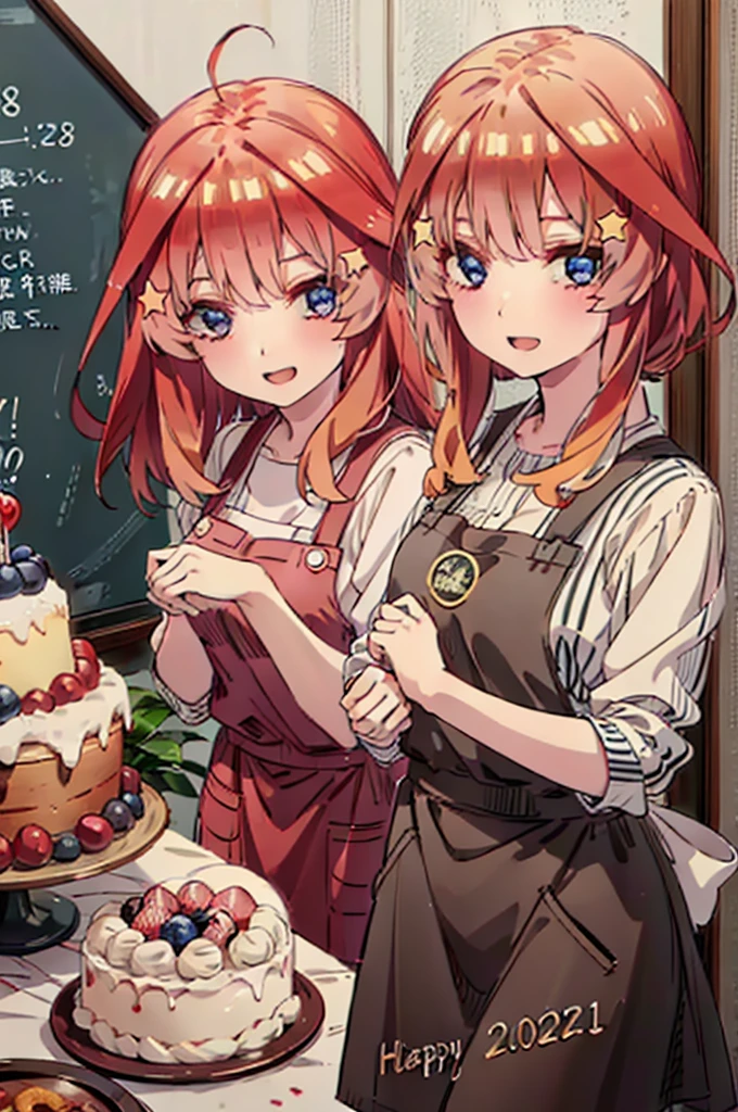 itsukinakano, Itsuki Nakano, bangs, blue eyes, Hair between the eyes, Ahoge, Redhead, star \(symbol\), hair ornaments,happy smile, smile, Open your mouth,cracker, star hair ornaments,Red Tank Top,Long skirt,Black pantyhose,apron,Walking,There is food and a birthday cake on the table,
break indoors, room,
break looking at viewer,Upper Body,
break (masterpiece:1.2), Highest quality, High resolution, unity 8k wallpaper, (figure:0.8), (Beautiful attention to detail:1.6), Highly detailed face, Perfect lighting, Highly detailed CG, (Perfect hands, Perfect Anatomy),