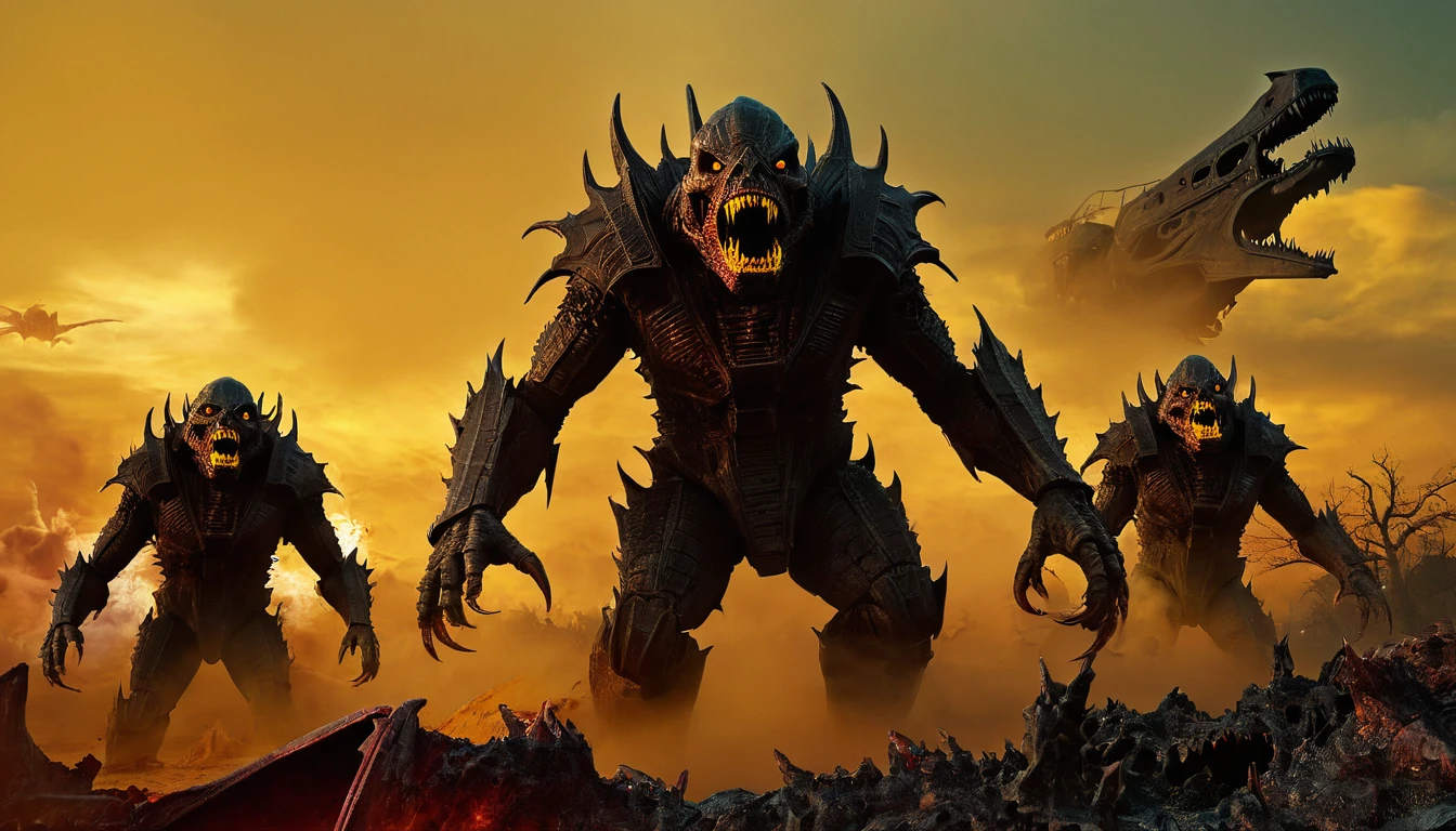 (3D rendering:3.1), in (medium shot) of 4monsters from (Galaxy of Terror, with yellow sky:3.1), inspired by style of Wayne Barlowe and greg rutkowski art, in apocalypse of chaotic world, in background of monsters, robots, daemons, aliens, mutant, explosions, fire and lots of smoke (with Creepy, Sci-Fi, Fantasy and Horror:2.9) retro sci fi, horror movie, horrified, terrified, insane, disgusting, disturbing, Impactful, cgsociety, hyper-detailed, digital illusions, cyberspace, photorealistic, arts visuals. Ultra detailed, RAW photo, (cinematic:2.9), artstation style, concept art, masterpiece, 8k, realistic textures, (3D rendering:3.1), 