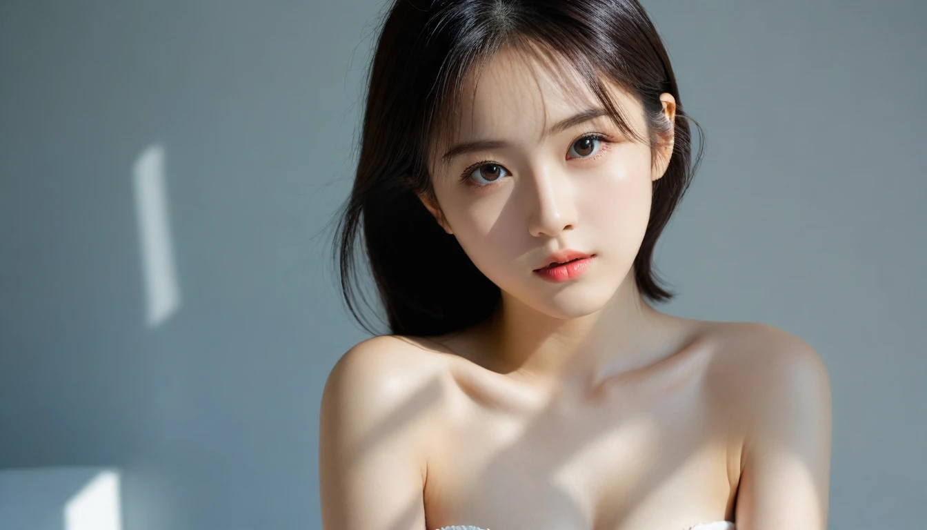 8k, Ultra-high resolution, Highest quality, masterpiece, 三分割法によるphotograph,Surreal, photograph, 1 Girl, (16 years old:1.3), pretty girl, Cute Face, Beautiful eyes in every detail, 細かくdetailedに,masterpiece,One Girl:1.2, Japan Female Announcer,extream close up,glaring,Black Hair,Messy hair,Hair over one eye,Station platform,風景photograph,Clean and modest clothing,Natural Makeup,Realistic Skin, Perfect and beautiful face ,完璧でCute Face, Skin with attention to detail, Perfect limbs、Narrow waist、Thin legs),Looking at the audience、beauty,Long neck、(((Ideal body type))),A cup small breasts :2,Portraiture:2,Perfect Anatomy,鮮明なdetailed,detailed,Surreal,Light and shadow,dappled sunlight