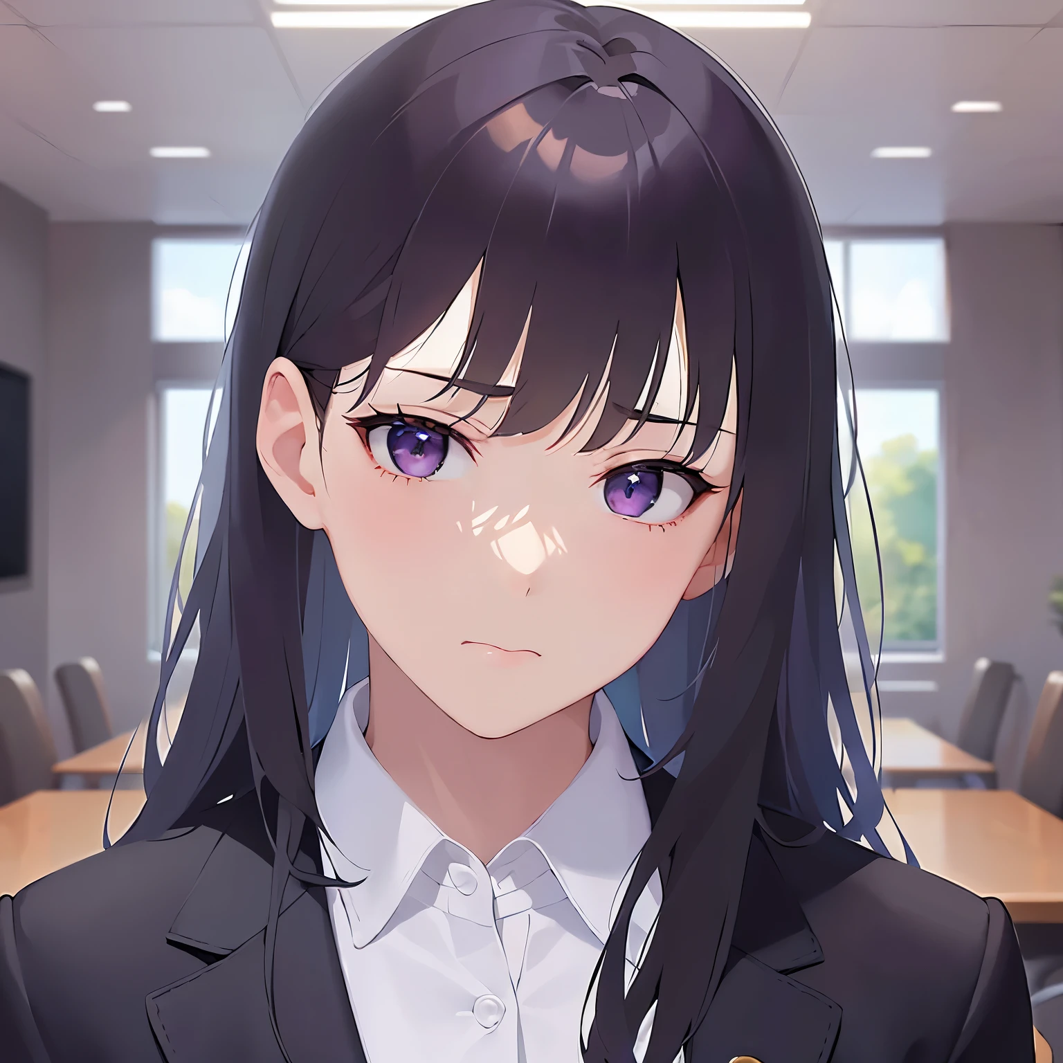 (looking away:1.5), Biologically correct five fingers、head tilt, Upper Body, Realistic, real person, (pale skin: 1.2), RAW photo, photorealistic, shiny skin, shiny hair、(A 25-year-old woman with straight hair and bangs) and (medium hair) and (black hair) and (purple eyes) , (business suit:1.5) and (white collared shirt)、(sad:1.5), The background is the conference room、Alone、Are standing