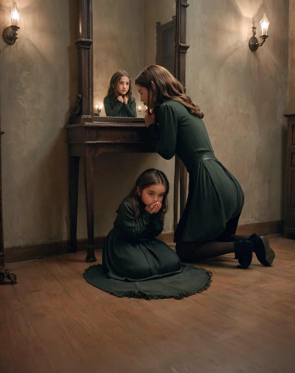 a 9 year old girl, daughter of severus snape, kneeling in an austere room, looking at her reflection in a mirror, touching her cheeks with her hands, highly detailed, realistic, photorealistic, hdr, 8k, intricate details, warm lighting, muted tones, moody atmosphere