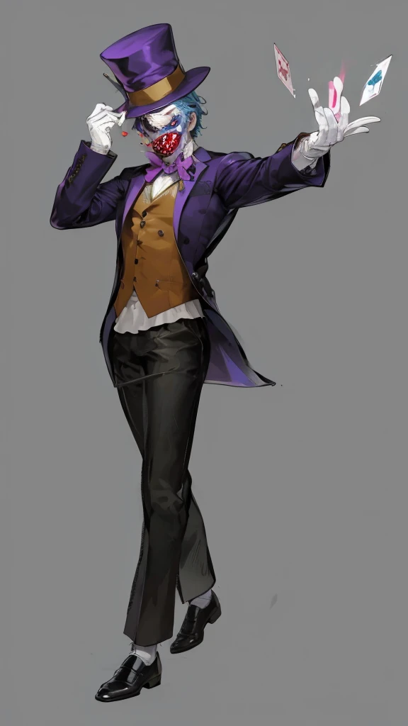 Official Art, masterpiece, Clear focus, Extremely detailed, (Side Light:1.2), clown，Suit，crazy，male，whole body，mystery，magician帽，Suit外套，Vest，leather shoes，wear gloves，magician，weird，Strong build，