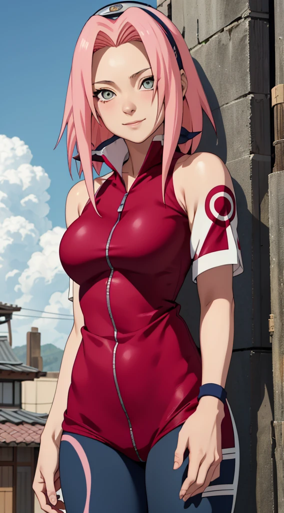 tmasterpiece, Best quality at best, 1girll,Solo, Sakura Haruno, Large breasts,(wallpaper body closeup),Raised sexy,is shy,with pink hair, long whitr hair, (greene eyes:1.3), Forehead protection, ssmile, blue-sky, Clouds, Hidden village,Red clothes, Zipper half , bike tight pants ,