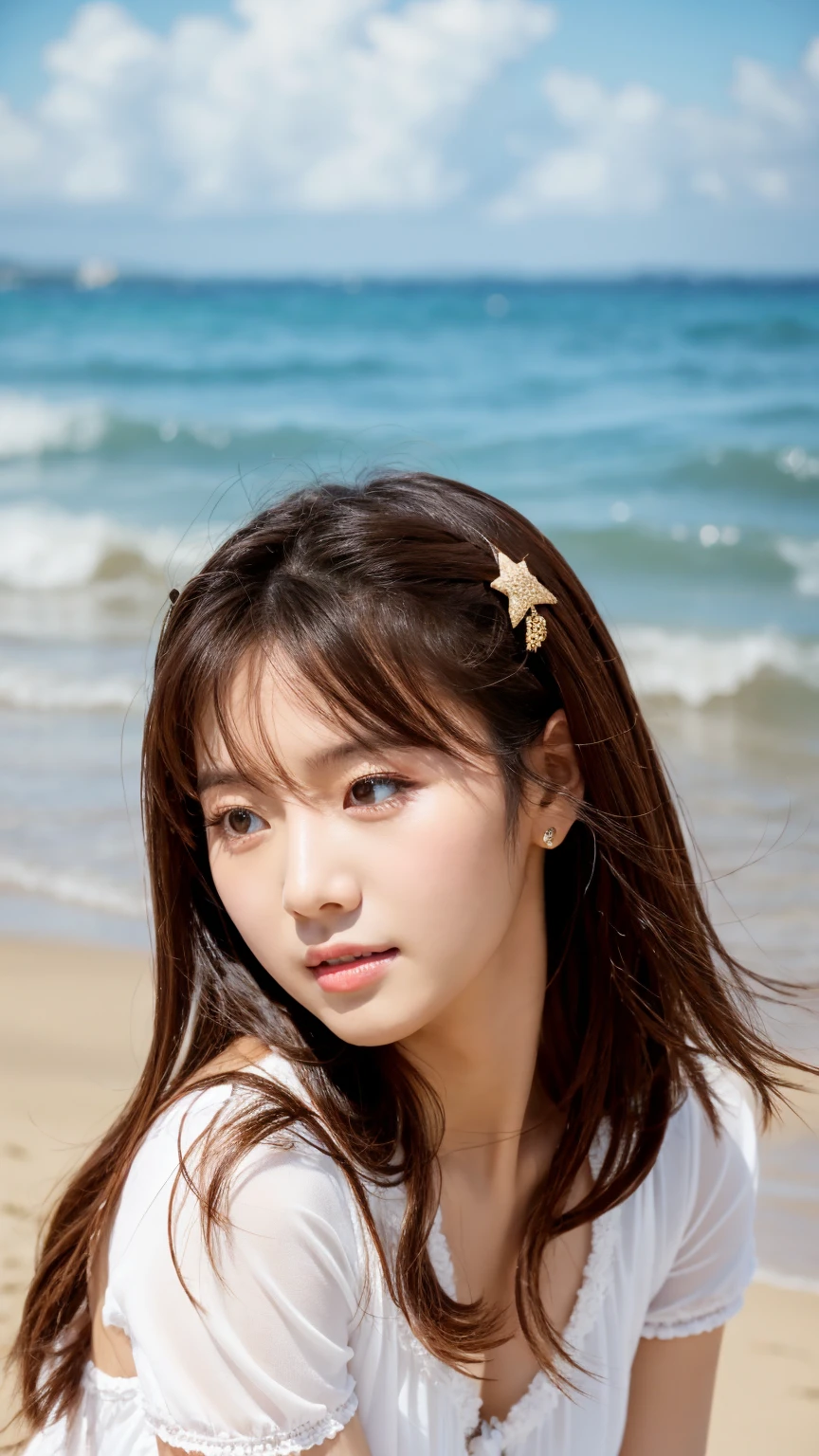 Kpop idol girl gazing at the sea、Sandy beach