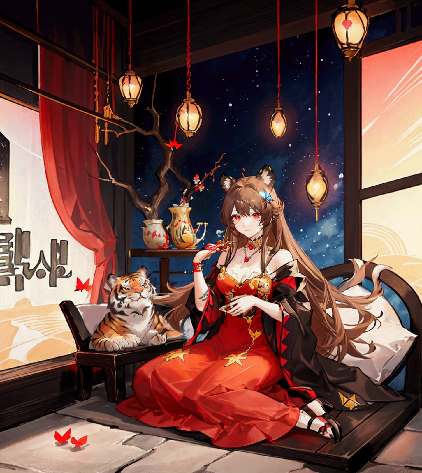 ((최고의 품질)), ((걸작)), (상세한), 여자 1명,Create an anime-style digital artwork of a character with long, sleek light brown hair and bright red eyes. The character is wearing a black dress, and accessories include a blue butterfly pendant necklace and a red heart-shaped hairpin. The character also has tiger ears and a tiger tail with brown and black stripes. The setting is a grand feast, with the character sitting and about to eat.