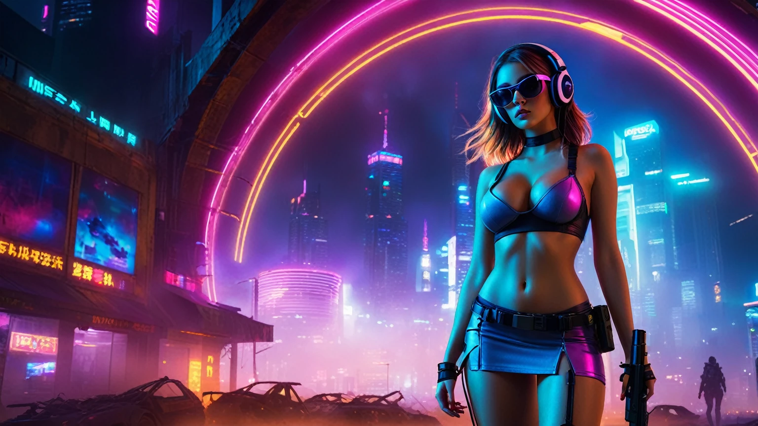 dark futuristic landscape, at night, neon lights, Atmospheric fog, large buildings in the background, futuristic city, streets with open shops, skyscraper (postapocalyptic city:1.3). (((1girl, solo, alone))), large-breast:1.2 slim body, cleavage:1.1, sexy miniskirt, (((headphone, black sunglasses, standing and holding pistol pose))), (((half-body thigh level medium shot))), cinematic lighting, lens flare, ray tracing.