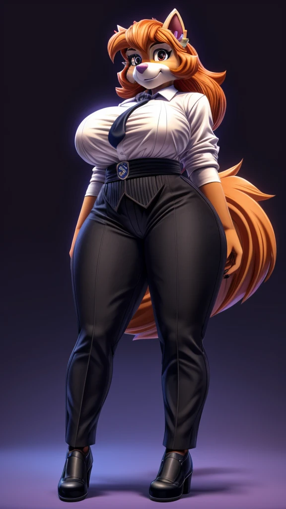 Skye from Paw Patrol, as a female werewolf, anthro, mature adult, tall, big breasts, medium thicc thighs, flowy long orange hair, magenta iris, white shirt with black tie, black pants, black shoes, standing, solo, beautiful, high quality, clear background, anime style, 4K