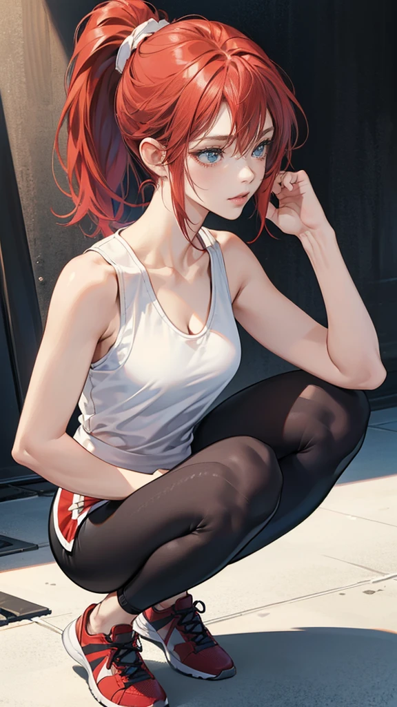 {{masterpiece}}, {{{best quality}}},{{ultra-detailed}}, {{illustration}},{{tall stature}},{{adult women}},((Shorts and leggings)),Small breasts,Slender,Flared Shorts,{{Squatting on the ground}},((Leggings with integrated shorts)), Fitness Instructor Red hair ponytail ((White tank top)) Place your hands on your knees Wristband ,1 female,alone, Fitness Gym Cleavage