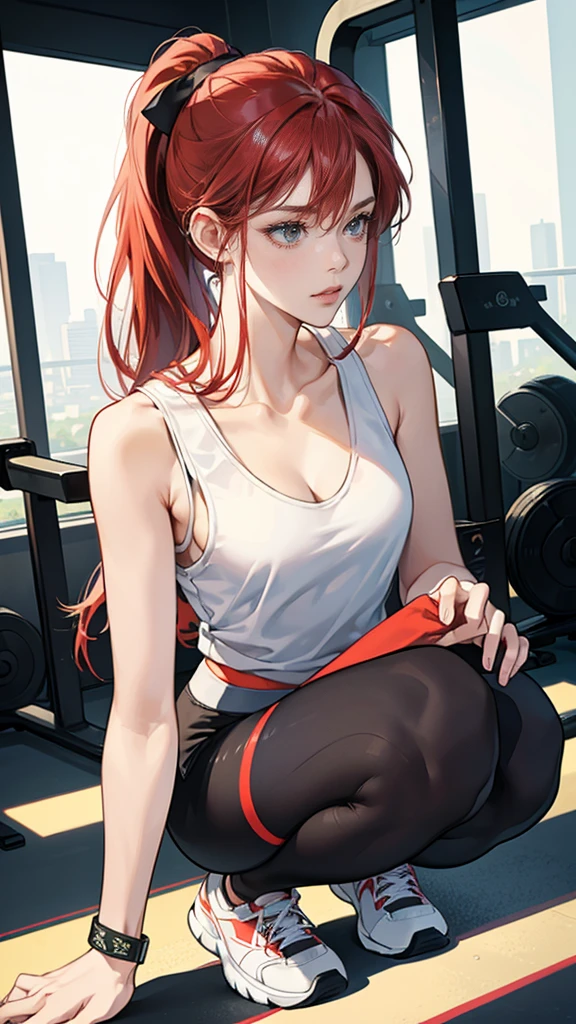 {{masterpiece}}, {{{best quality}}},{{ultra-detailed}}, {{illustration}},{{tall stature}},{{adult women}},((Shorts and leggings)),Small breasts,Slender,Flared Shorts,{{Squatting on the ground}},((Leggings with integrated shorts)), Fitness Instructor Red hair ponytail ((White tank top)) Place your hands on your knees Wristband ,1 female,alone, Fitness Gym Cleavage