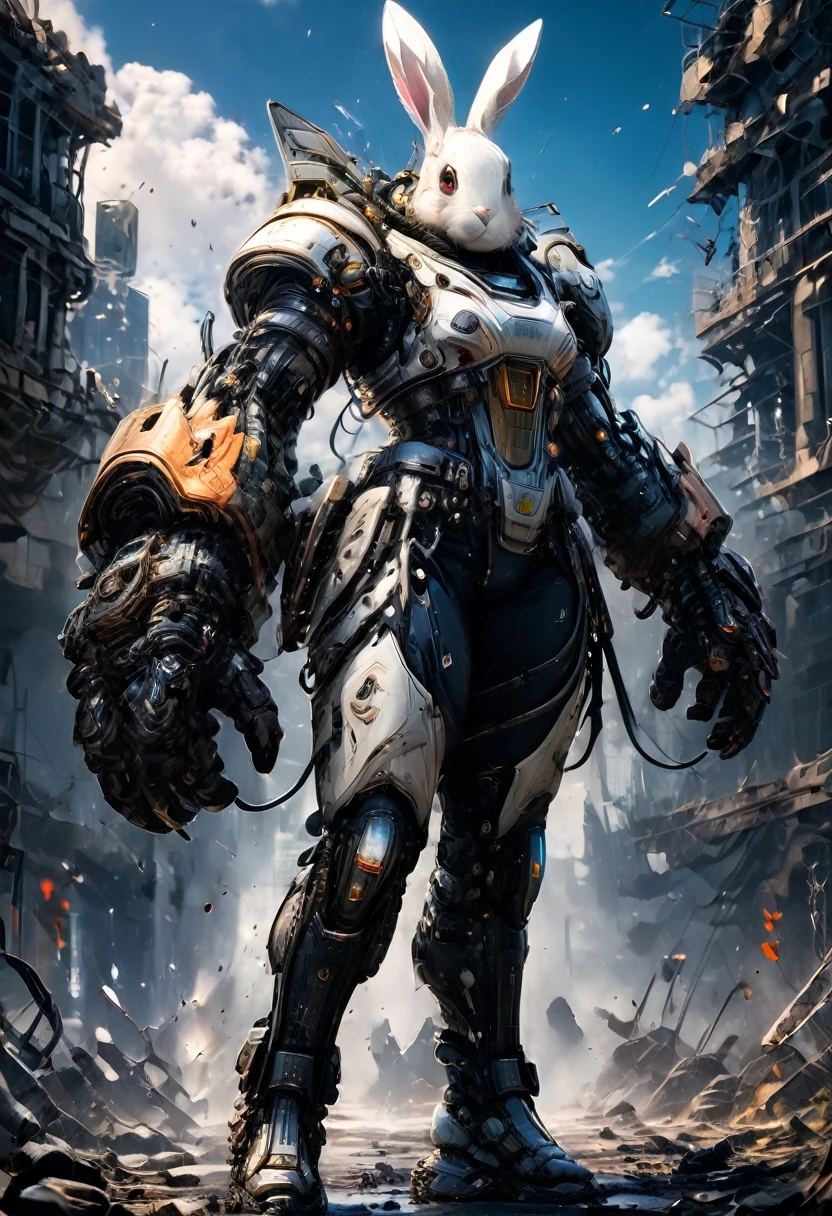 ((best quality)), ((masterpiece)), (Very detailed:1.3), 3d, Shitu-mecha, whole body, 1. Beautiful woman, Smile, short hair, Wearing a white mech, There are long rabbit ears on the head, (The mecha has the characteristics of a rabbit), The feet are flat, In the ruins of a forgotten war city, technology, HDR (High Dynamic Range), Ray Tracing, nvidia RTX, Super Resolution, Unreal 5, Subsurface scattering, PBR Textures, Post-Processing, Anisotropic filtering, Depth of Field, Maximum clarity and sharpness, Multi-layered textures, Albedo and Specular Maps, Surface Shading, Accurate simulation of the interaction between light and material, Perfect proportion, Octane Rendering, Two-tone lighting, Low ISO, White Balance, Rule of Thirds, Large aperture, 8K Native, High-efficiency sub-pixel, Sub-pixel convolution, Glowing particles, Light Scattering, Tyndall effect