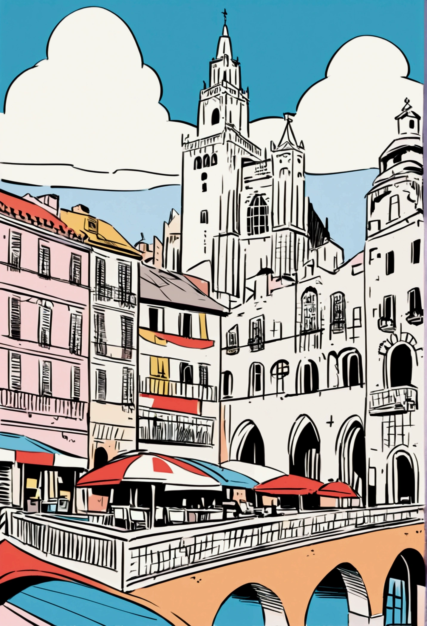 Create an illustration that shows the city of Valencia in Spain. The Art is to be used on a poster for a band that will perform in the city.