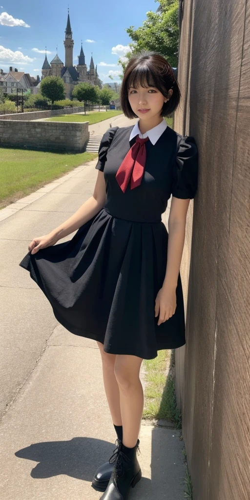 1girl,bangs,black_hair,blue_sky,bridge,building,castle,city,cityscape,cloud,day,dress,looking_at_viewer,outdoors,red_neckwear,red_ribbon,ribbon,river,short_hair,short_sleeves,sky,skyscraper,solo,standing,town,water,(masterpiece,anime,newest,new,exceptional:1.2),