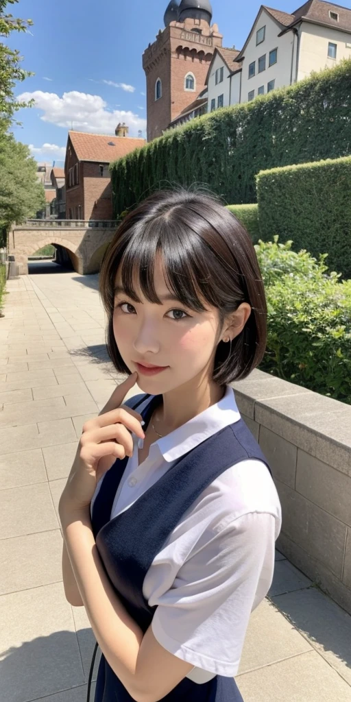 1girl,bangs,black_hair,blue_sky,bridge,building,castle,city,cityscape,cloud,day,dress,looking_at_viewer,outdoors,red_neckwear,red_ribbon,ribbon,river,short_hair,short_sleeves,sky,skyscraper,solo,standing,town,water,(masterpiece,anime,newest,new,exceptional:1.2),